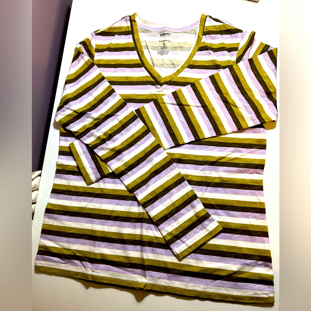 NWOT green purple white striped long sleeved shirt v neck